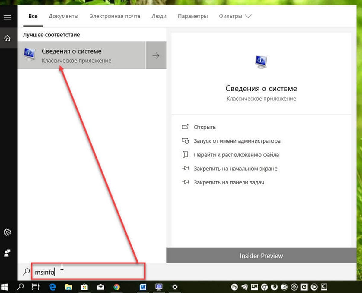 Поиск Сведения о системе.