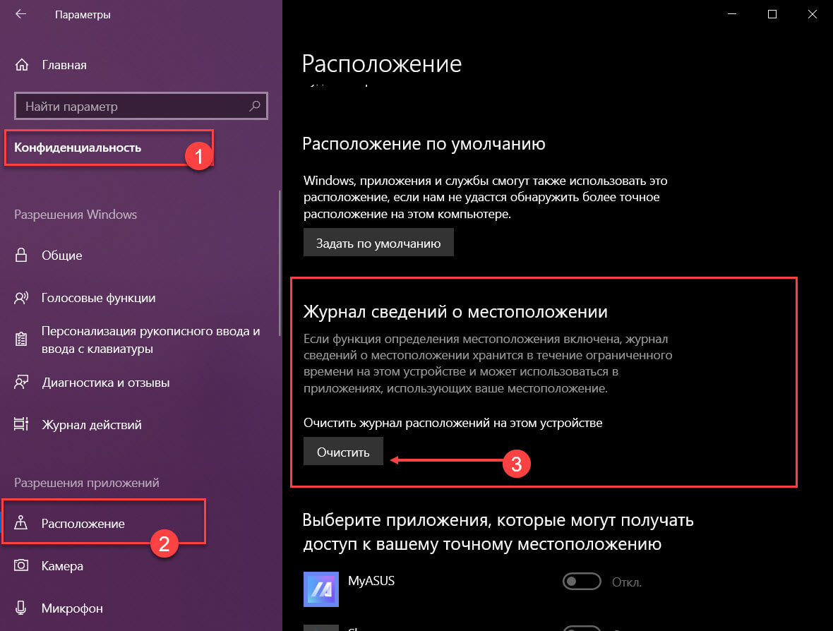 Очистить журнал местоположений на этом устройстве