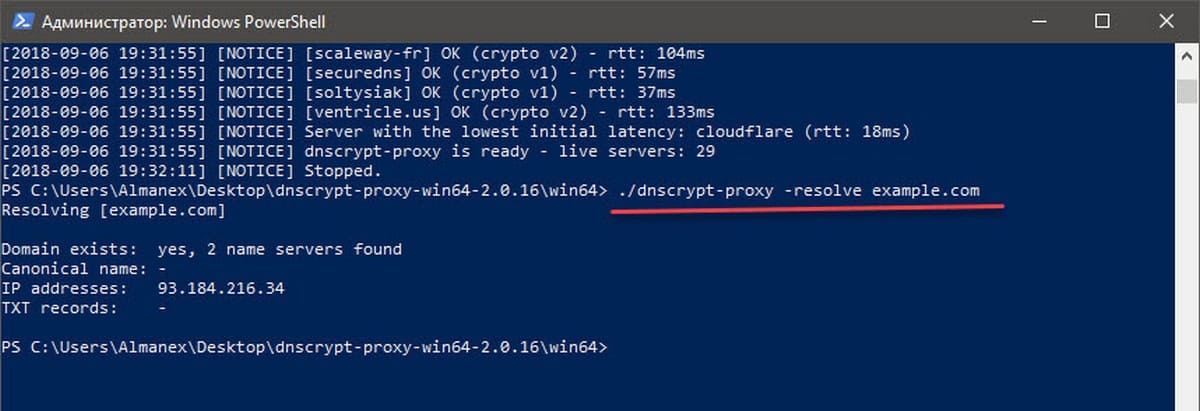 ./dnscrypt-proxy -resolve example.com