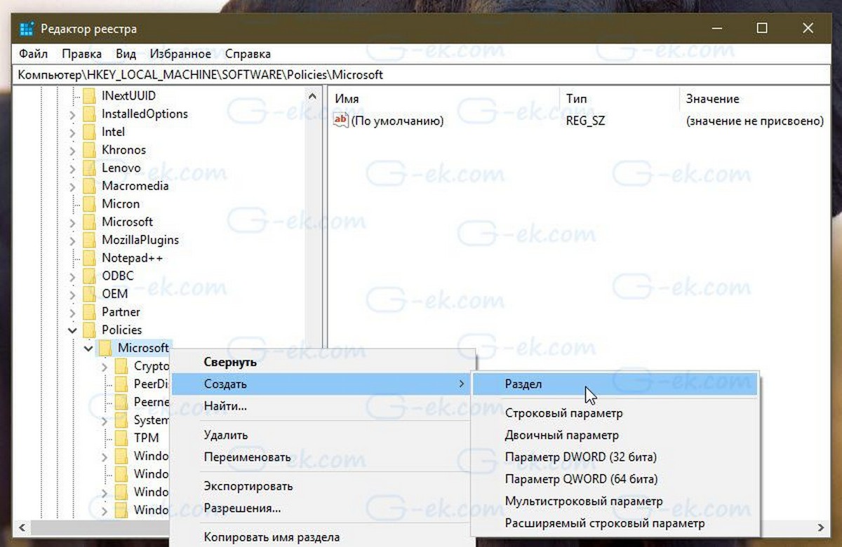 новый раздел с именем MicrosoftEdge