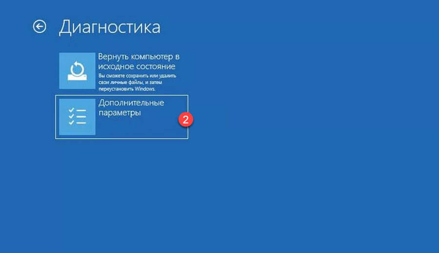 На экране «Диагностика» выберите «Дополнительные параметры».