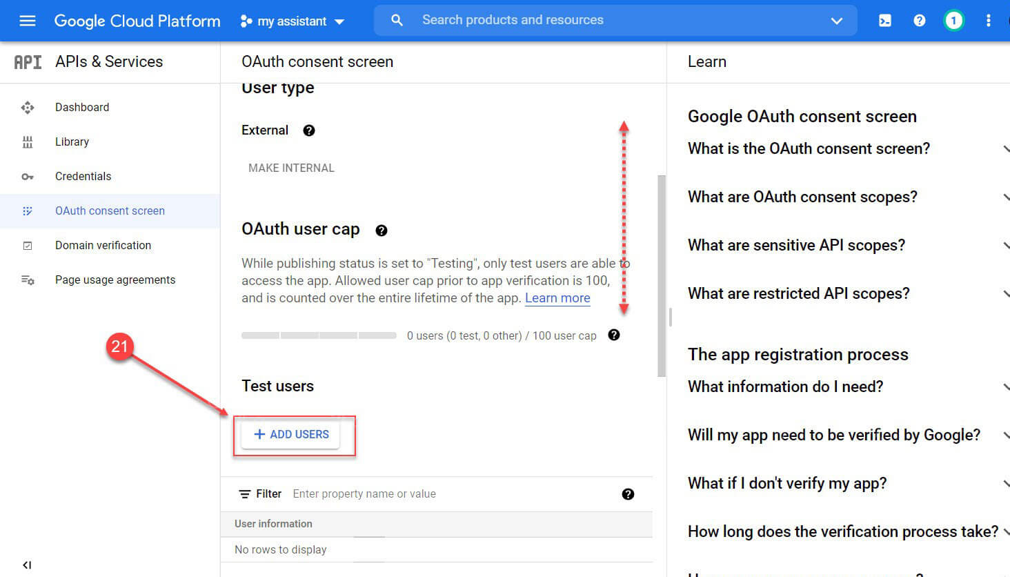 Теперь в разделе «Test user» нажмите кнопку «+ ADD USERS», чтобы добавить нового пользователя который сможет подключатся к приложению.