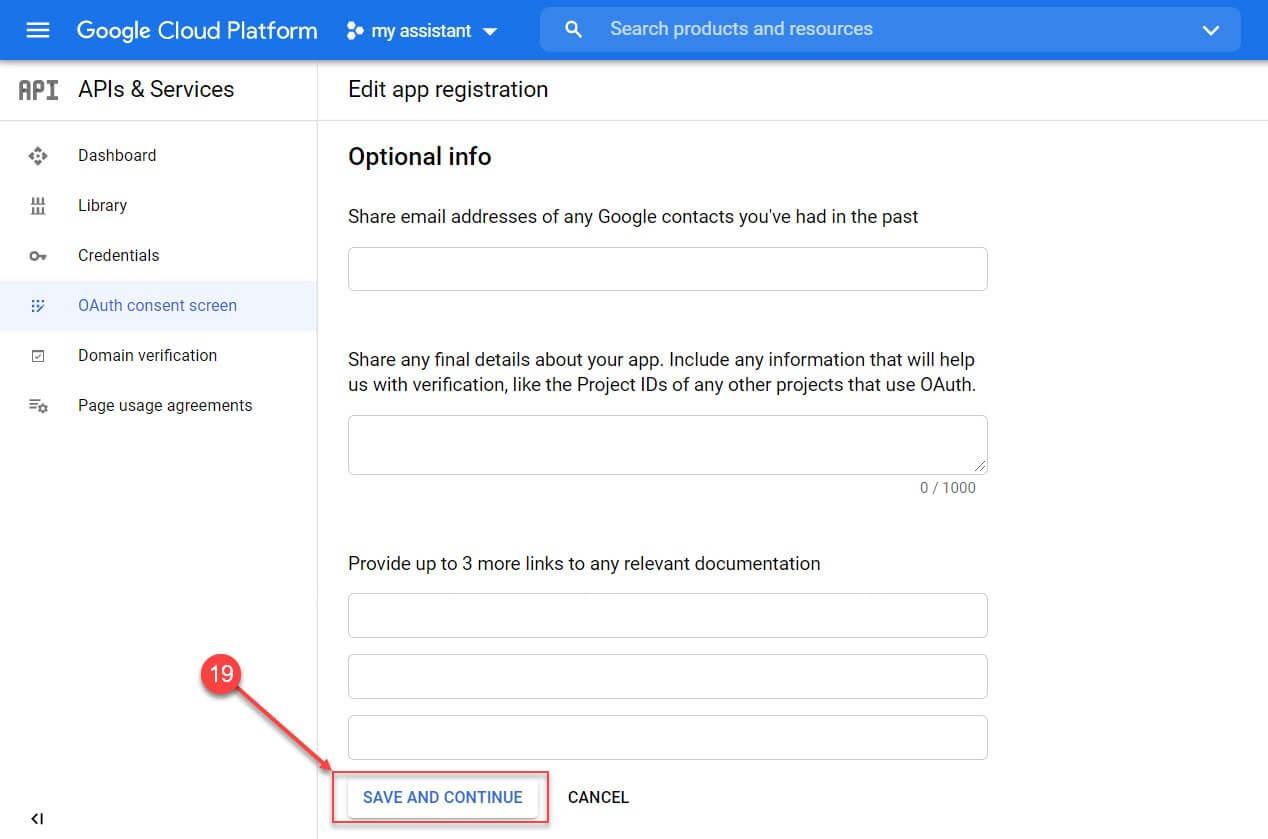 В окне «Optional info» еще раз нажмите «SAVE AND CONTINUE»