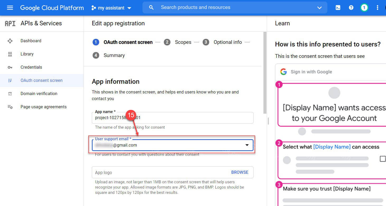 выберите свой адрес электронной почты в строке «User Support email»