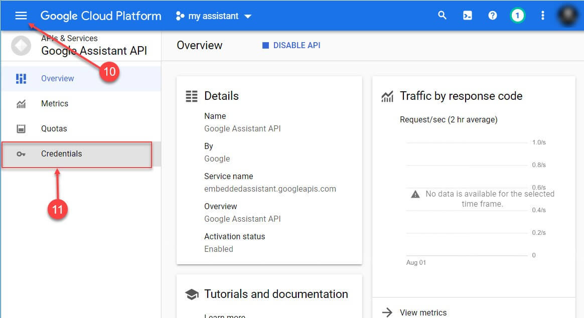 Теперь с помощью гамбургер меню перейдите на экран «Credentials» чтобы настроить учетные данные.