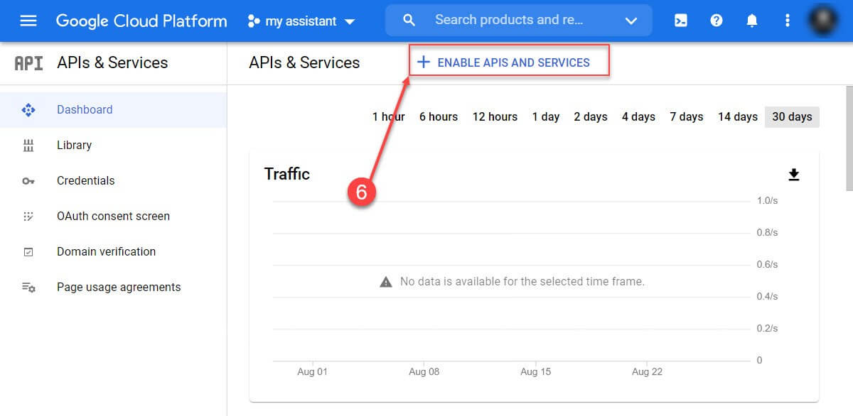 вверху страницы нажмите элемент «+ ENABLE APIS AND SERVICES».