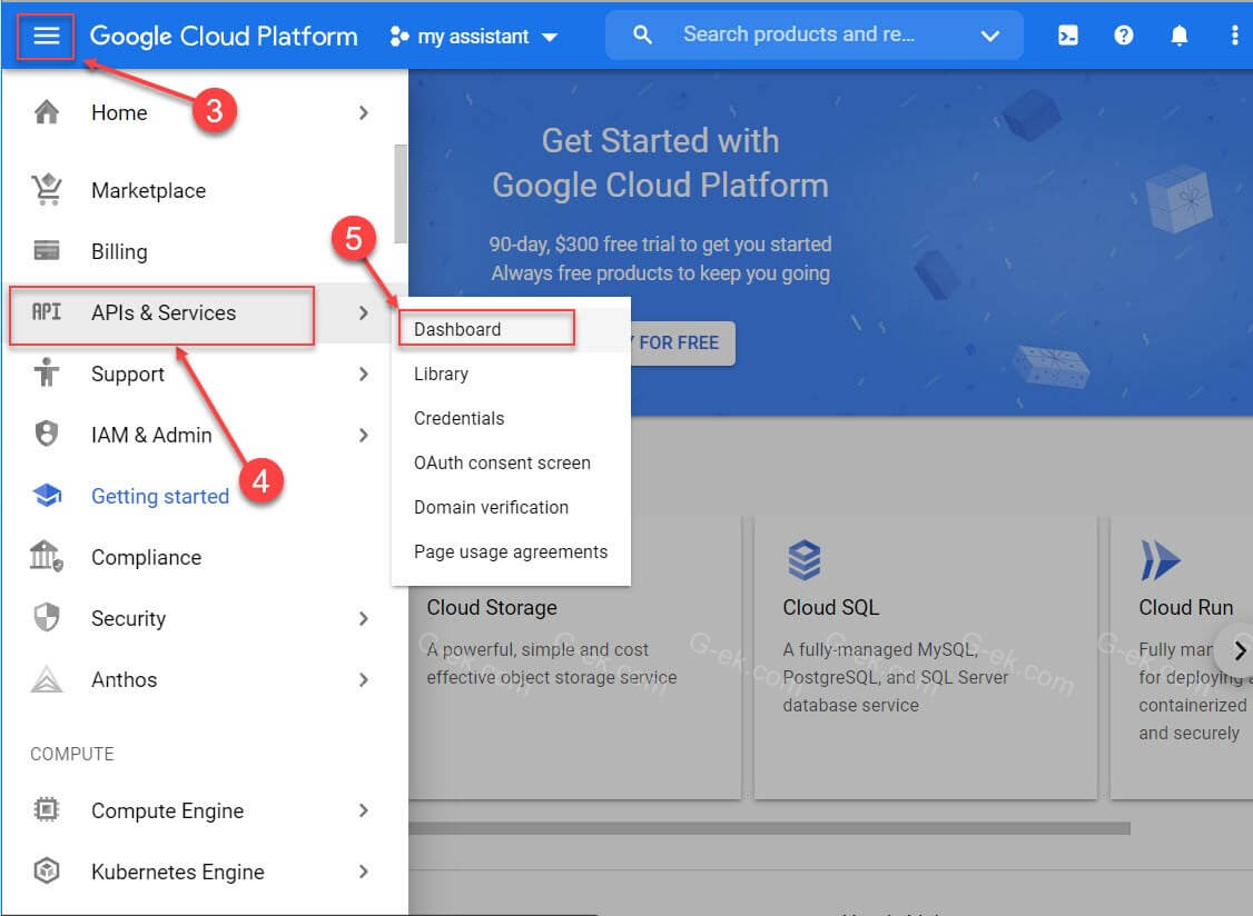 в левом углу нажмите на гамбургер-меню и выберите «APIs & Services» → «Dashboard». Вы попадете на страницу панели инструментов.