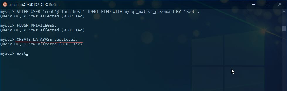 Создадим базу данных для веб-проекта test.local.