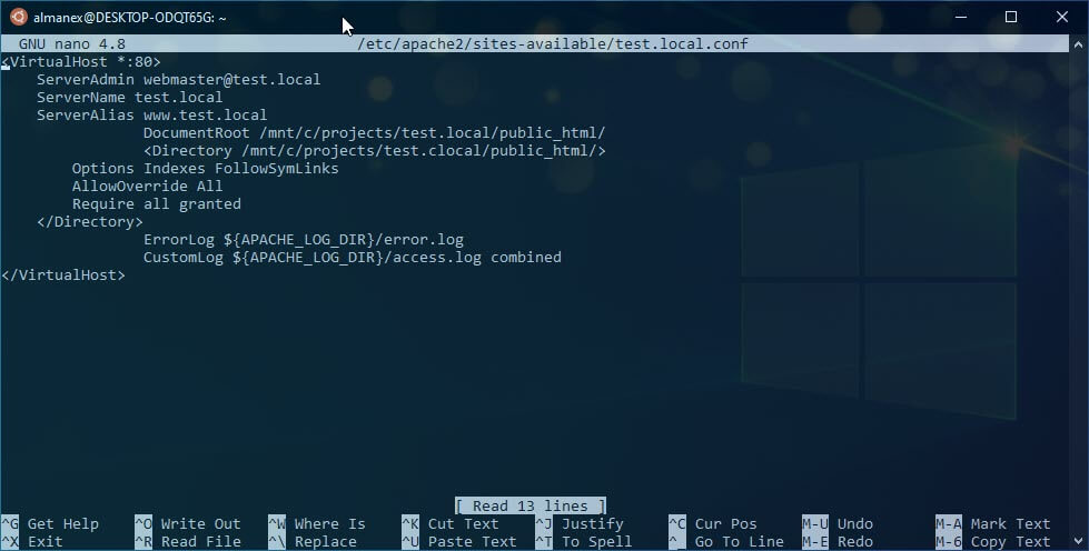 Содержимое файла test.com.conf после правок для Wsl 1
