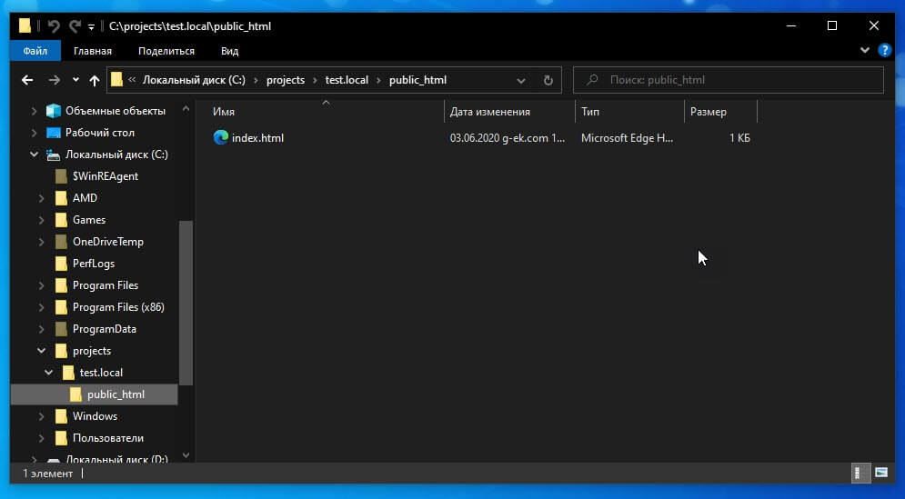 Создайте в Проводнике Windows 10, директорию для сайта (проекта) test.local: