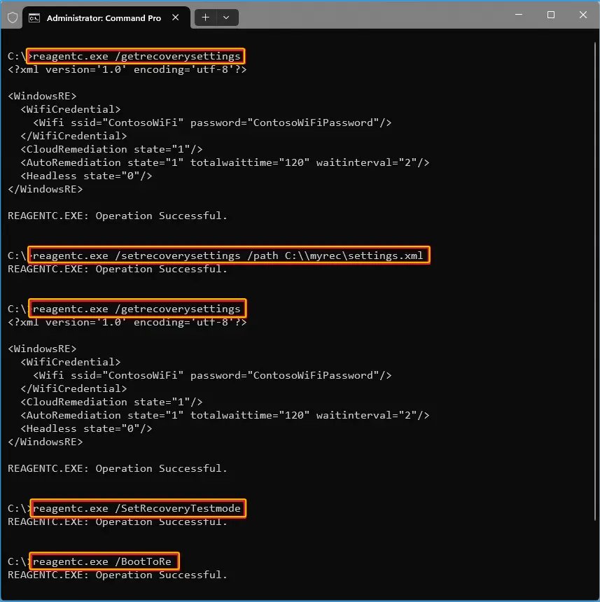 командная строка выведет текущую конфигурацию Quick Machine Recovery в формате XML.