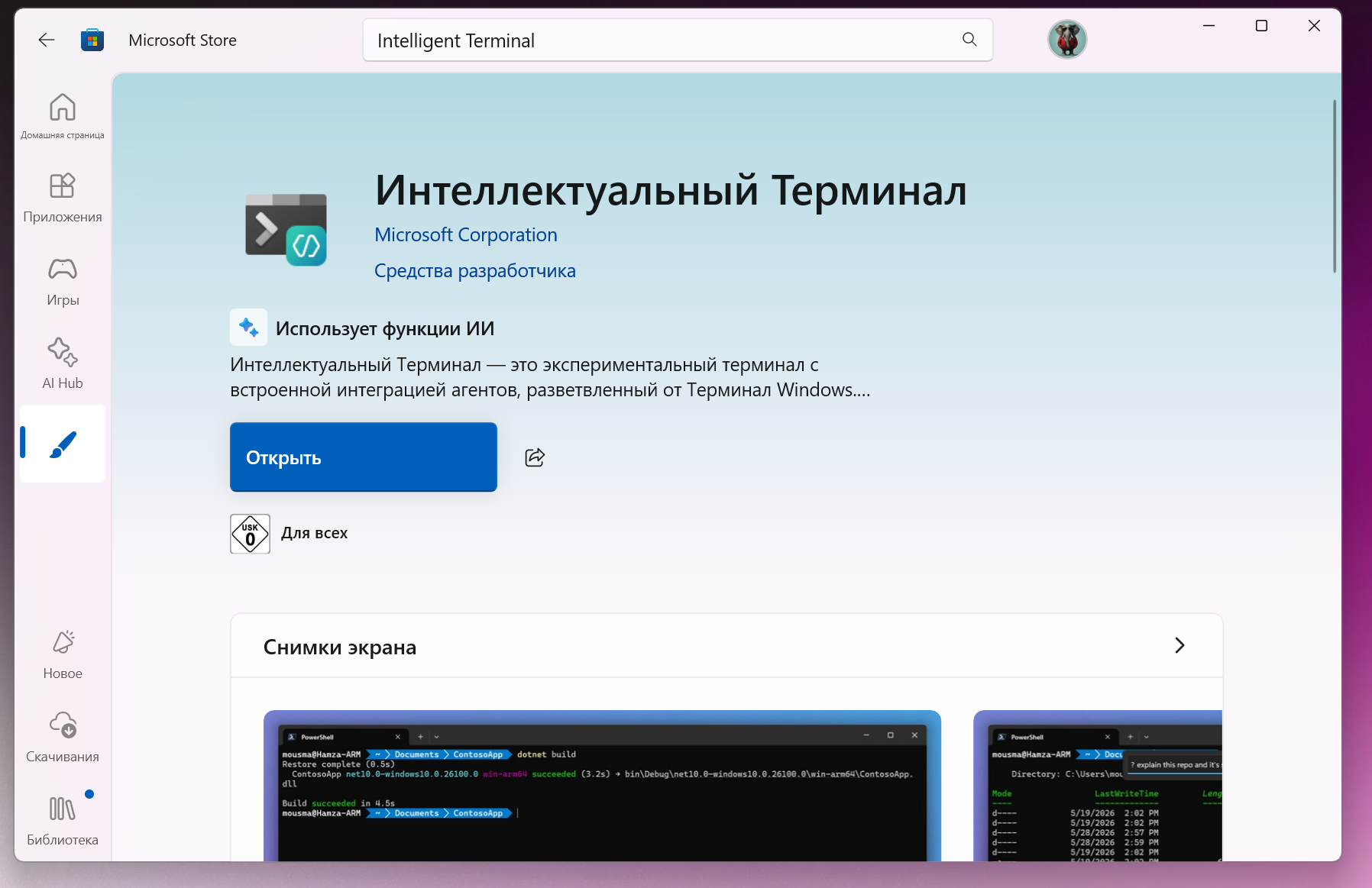 Установка через Microsoft Store Intelligent Terminal