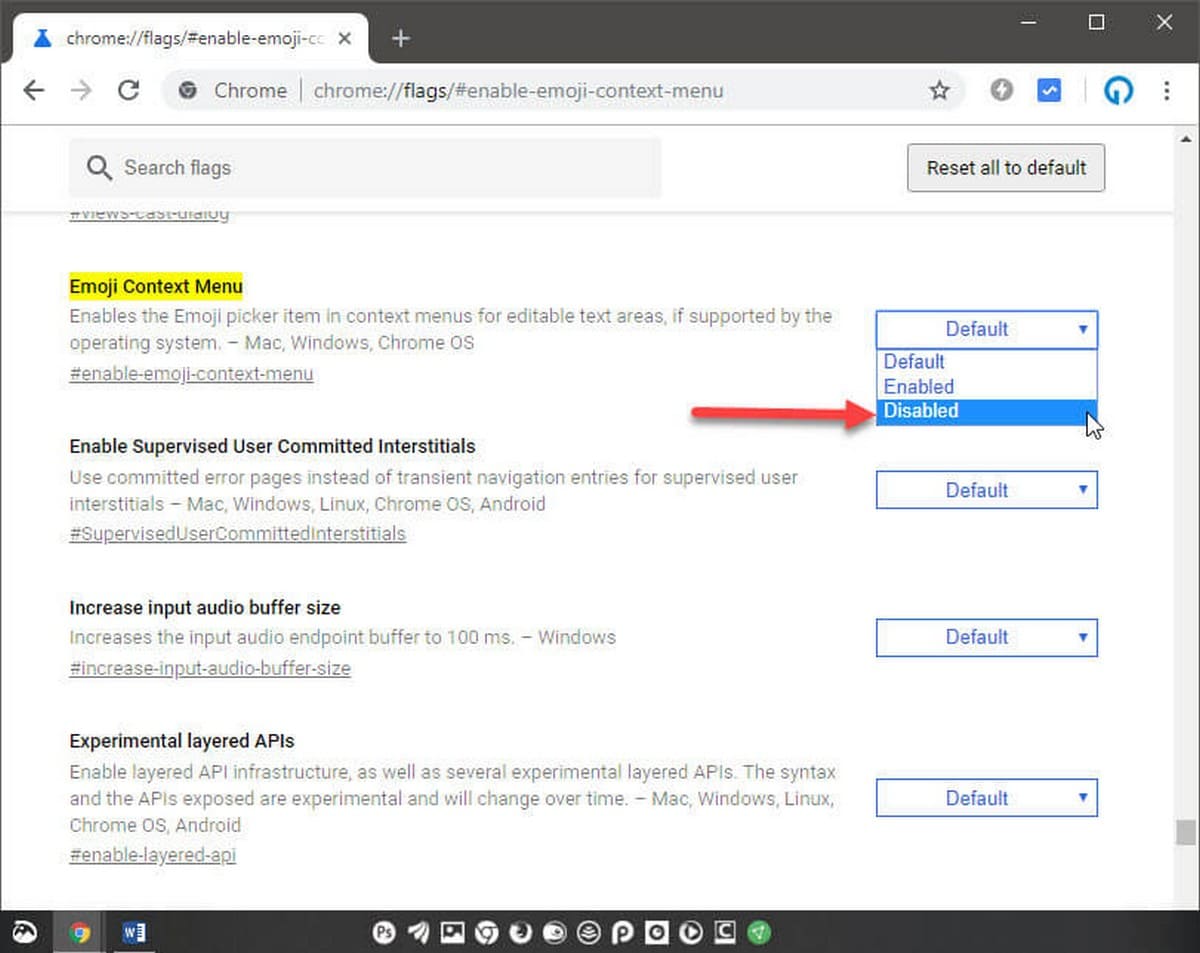 удалить пункт Эмодзи в контекстно меню Google Chrome