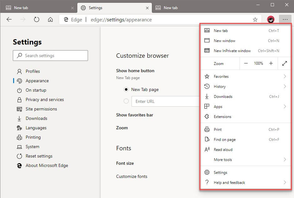 Windows 10 Edge Chromium главное меню практически идентично меню Chrome