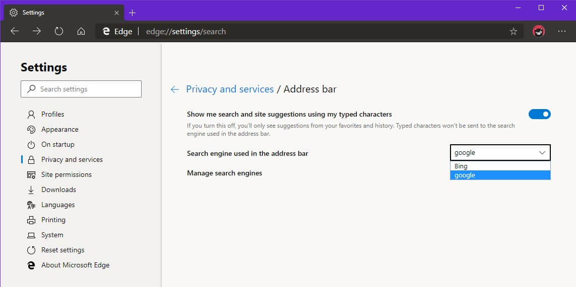 Windows 10 Edge Chromium Поисковая система