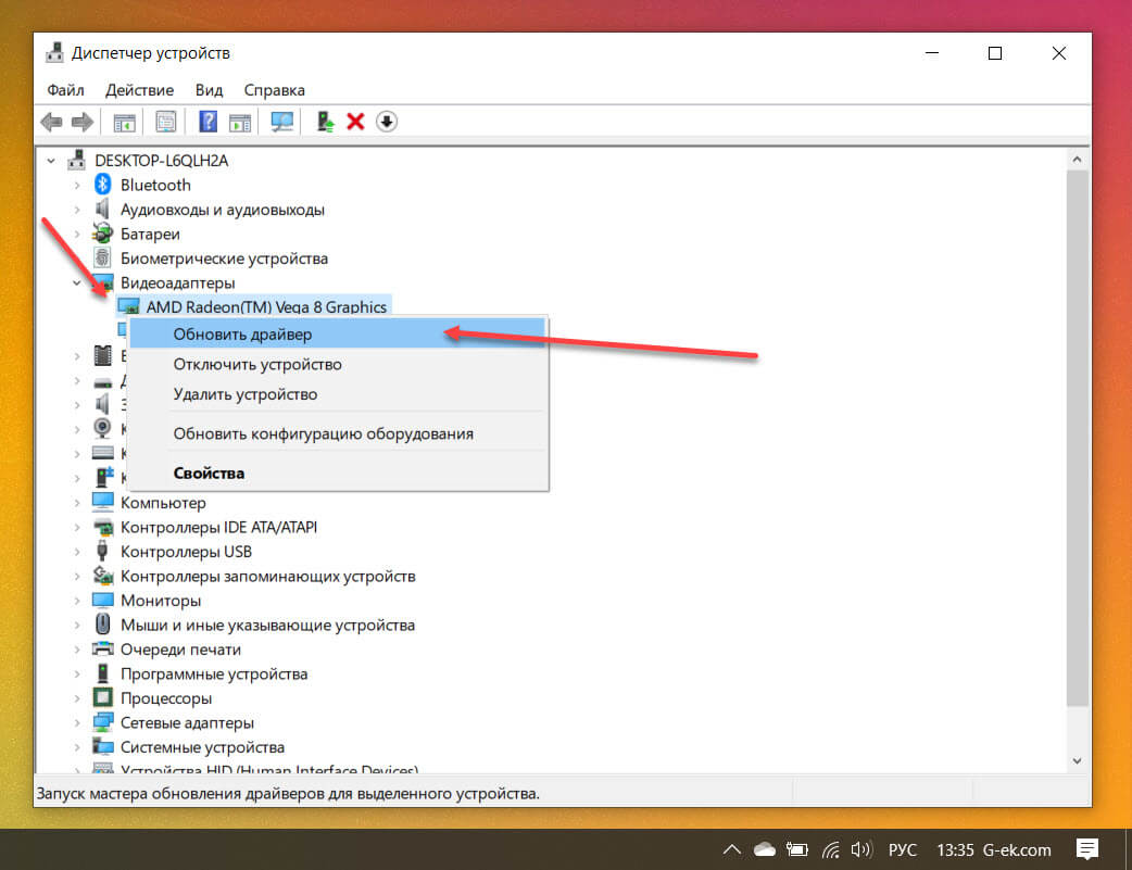 найдите вашу видеокарту, кликните на ней правой кнопкой мыши и выберите и в контекстном меню «Обновить драйвер».