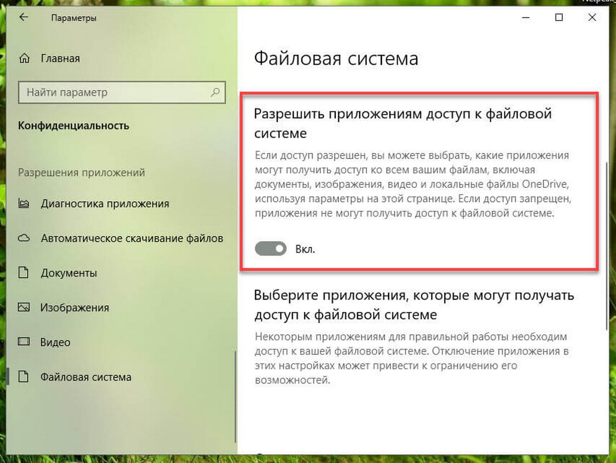 Отключите переключатель в разделе «Разрешить приложениям доступ к файловой системе».
