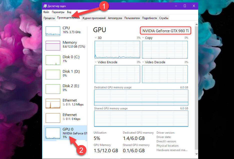 Имя графического процессора компьютера, отображаемое в диспетчере задач Windows 10