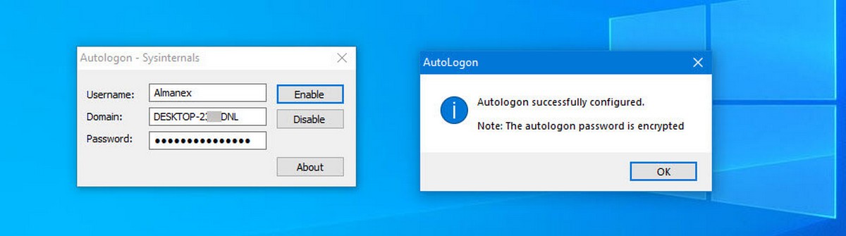 сообщение подтверждающее, что Autologon успешно сконфигурирован.