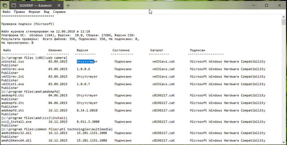 Результат проверки цифровой подписи файлов в Windows 10.
