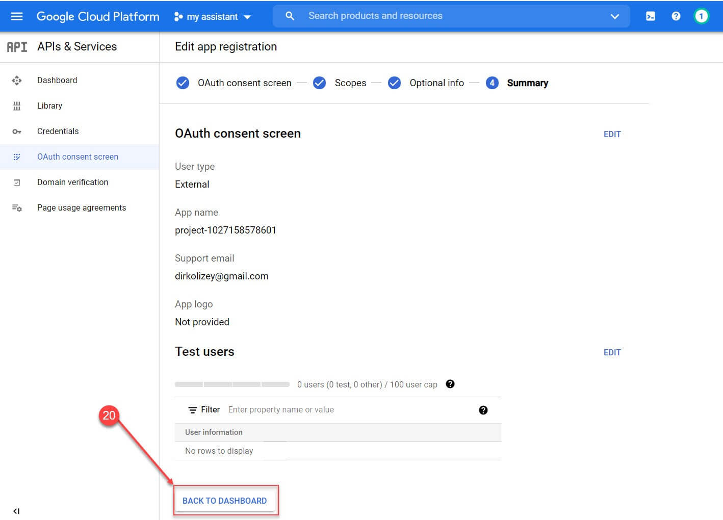  нажмите кнопку «Back to Dashboard»