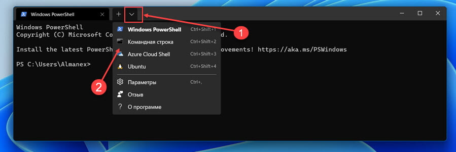 В терминале Windows 11 откройте вкладку «Командная строка».
