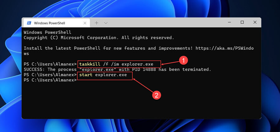 перезагрузить Проводник Windows 11 с помощью Терминала Windows, командной строки или PowerShell