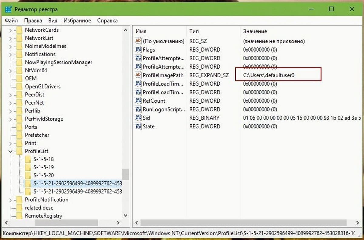 раздел реестра ProfileList