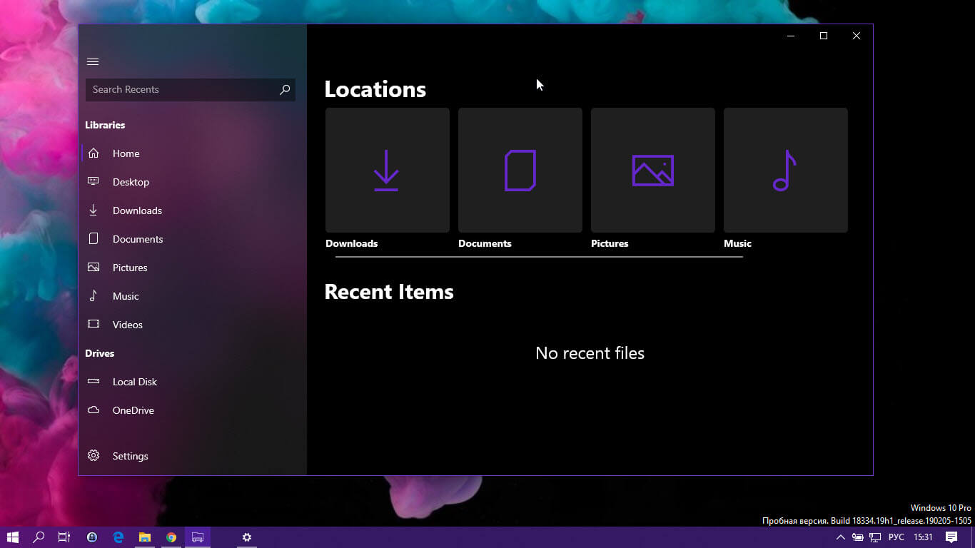 концепт Проводника для Windows 10, темная тема
