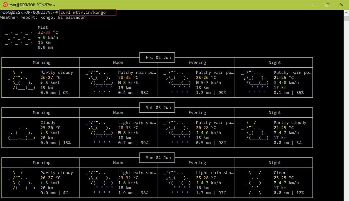 погода в Win10 с помощью Linux Bash