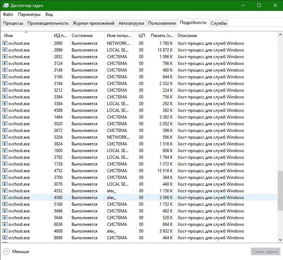 Windows 10 хост-процесс svchost.exe