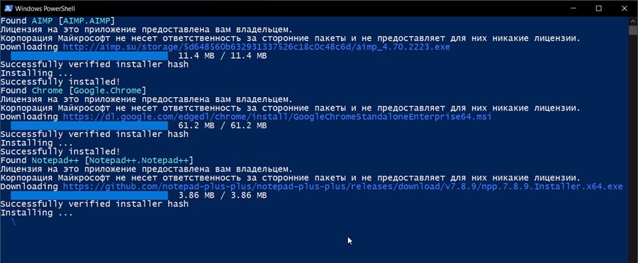 Запустите созданный файл winget и дождитесь установки выбранных вами программ.