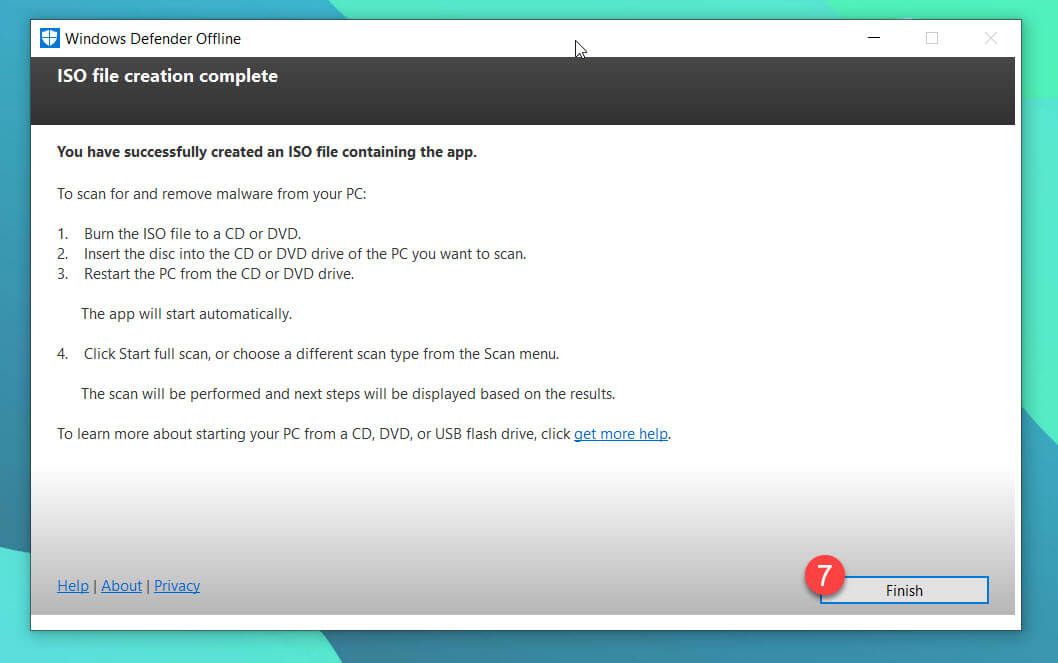 После завершения процесса нажмите «Finish», и вы можете начать использовать Защитник Windows в автономном режиме